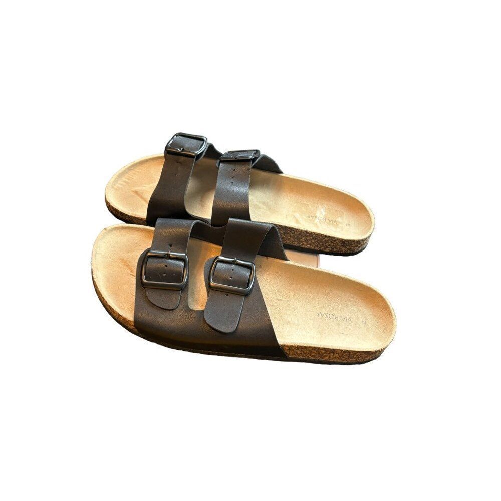 Via Rosa Black Buckle Sandals Size 11 - Cork Footbed & Rubber Sole